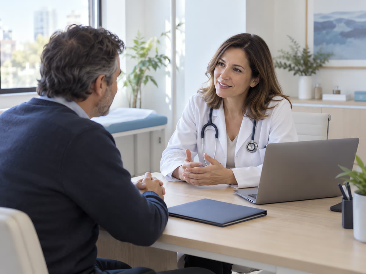 Una médica conversa con un paciente en su consultorio, con la notebook sobre el escritorio