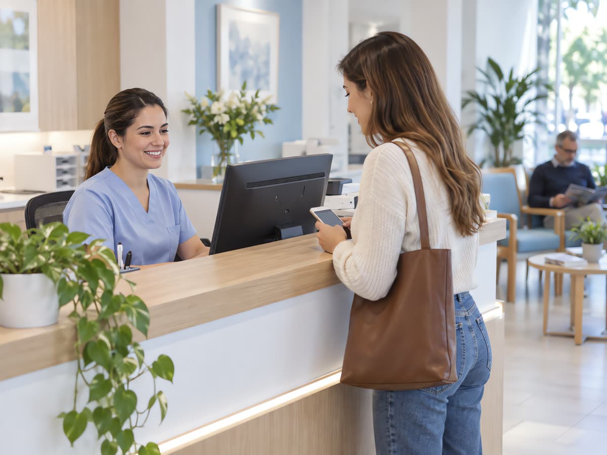 Una recepcionista atiende a una paciente que mira su celular en el mostrador de un centro de salud